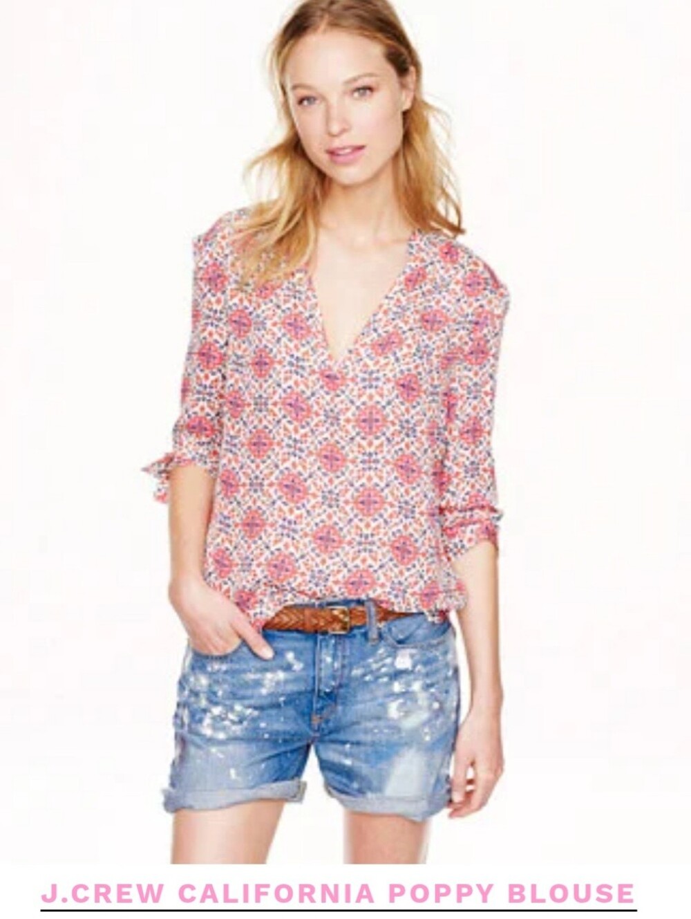 J. Crew Pink and White California Poppy V-Neck Blouse